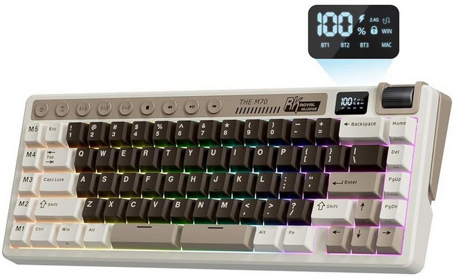 매크로 키 2.4GHz/블루투스/와이어드 75% 게이밍 키보드 6000mAh 배터리 개스킷 마운트 디스플레이 및 노브 RGB 핫 스왑 가능 선형 크림 스위치가 있는 RK Roya, Linear Cream Switch, Brown, Brown