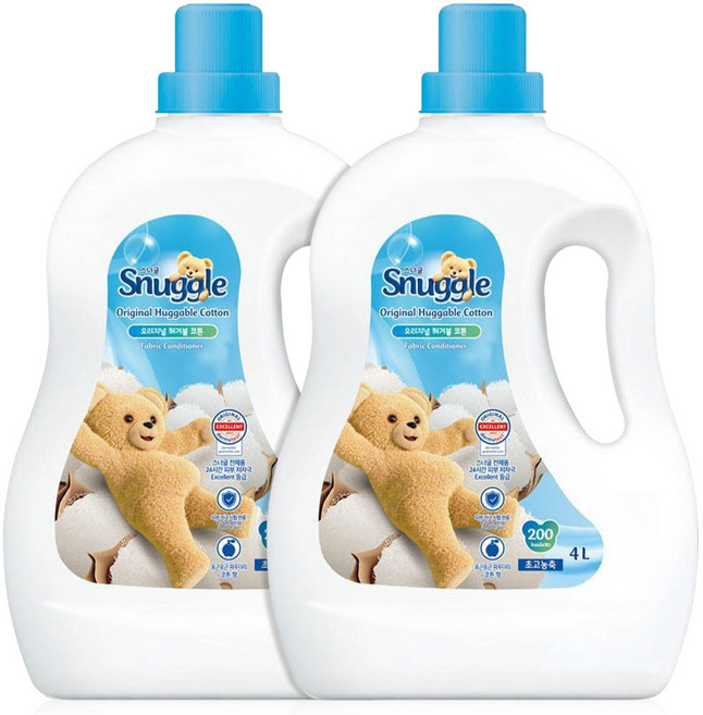 스너글 초고농축 섬유유연제 오리지널 허거블 코튼 본품, 4L, 2개