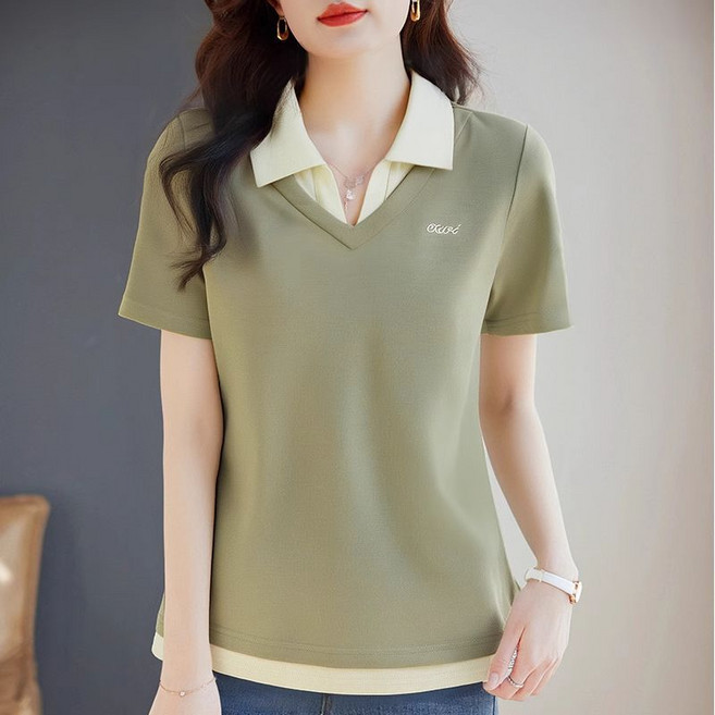 중년여성 빅사이즈 폴로넥 반팔 티셔츠 여름 간절기 스판 엄마룩 터틀넥 패션 기질 카라 셔츠 슬림핏 하객룩 아우터 상의