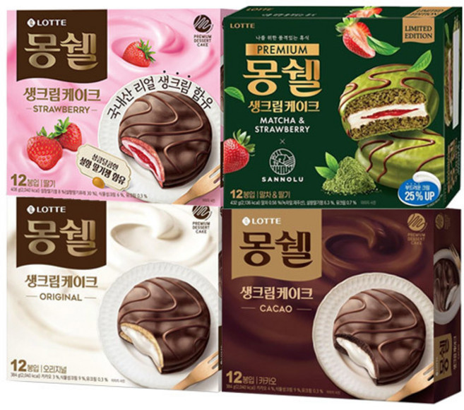 스윗몬 (롯데 몽쉘 4종세트) 크림케이크 408g+카카오케이크 408g+딸기 408g+말차&딸기444g