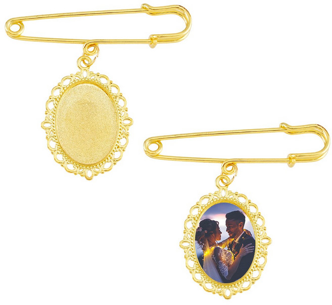 오벌 블랭크 유리 돔 웨딩 부케 포토 브로치 2개 세트 골드 합금 라펠 핀 파티 장식 5.3cm 1세트