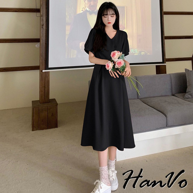 HanVo 溫柔甜美泡泡袖 法式氣質縮腰顯瘦長洋裝 韓系女裝, 黑色