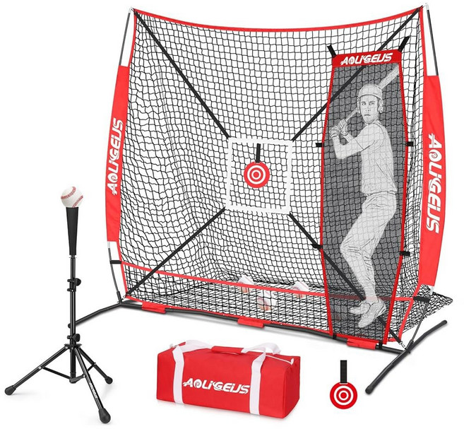 타격 투구 캐치를 위한 타격 티 더미 타자 보너스 스트라이크 존 타겟 및 활 프레임이 포함된 AOLIGEIJS 6'X6' 야구 소프트볼 연습 네트 투구 배트 네트, Full Mouth Version d, 1개