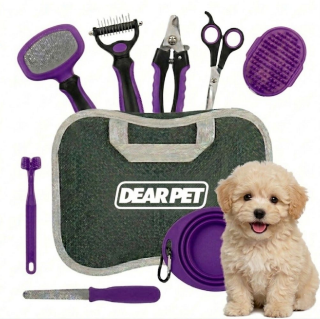 디어펫 강아지빗 발톱깍이 고양이 브러쉬 미용세트, 1개, 퍼플