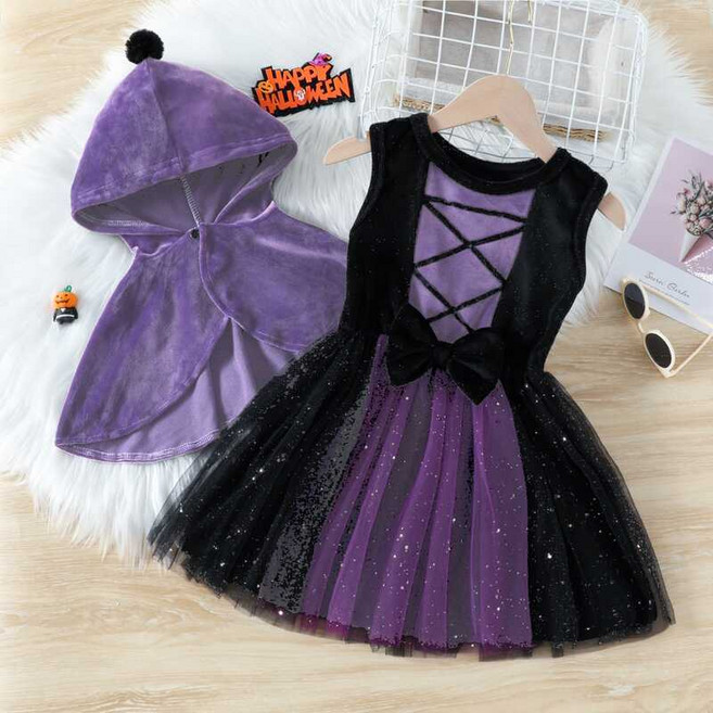 女童萬聖節巫師造型服 兩件套 紫黑閃亮紗裙 絲絨鬥篷