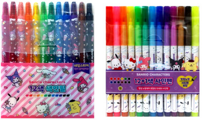 산리오캐릭터즈 12색 색연필+사인펜 세트, 핑크, 1개