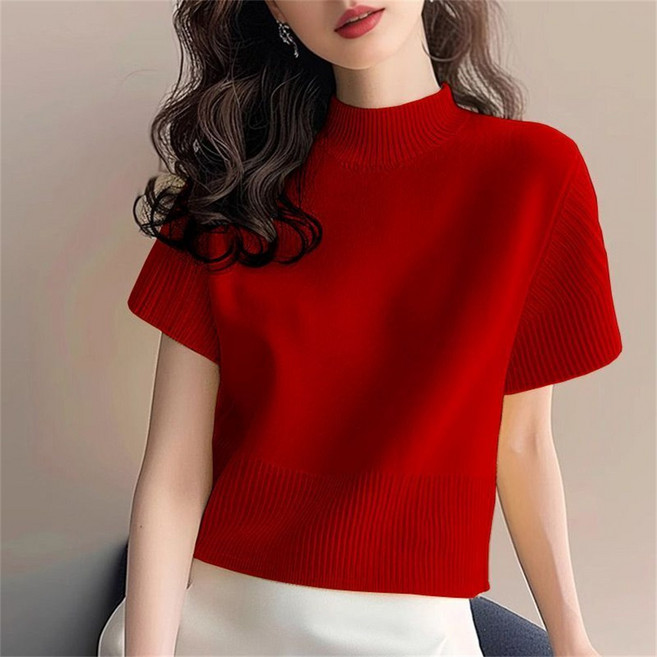 Vezri 여성 봄 여름 솔리드 반폴라 반팔 니트 티셔츠 심플 디자인