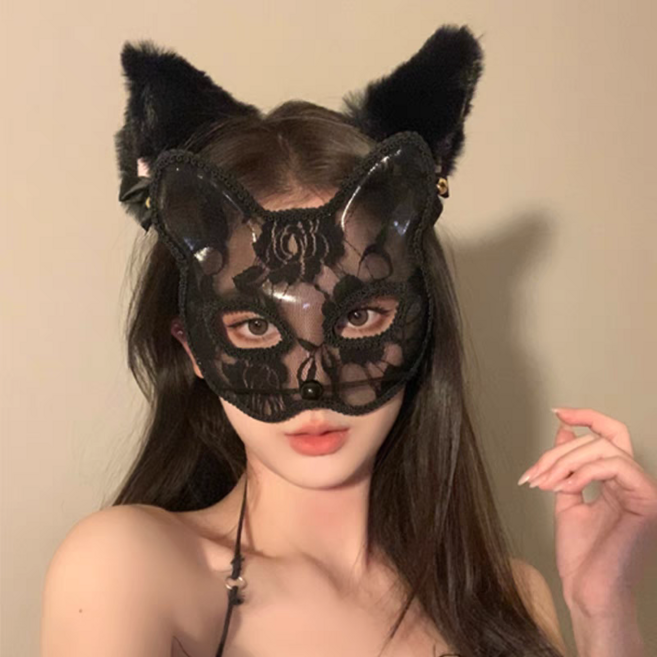 더바몰 시스루 레이스 망사 고양이 가면 캣 가면 복면 동물가면, 1개, 블랙