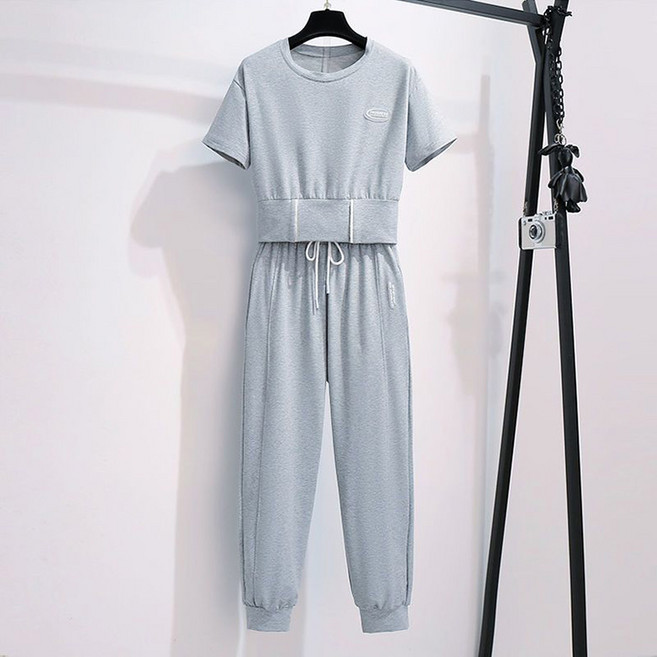 ORZQU 여성 여름 레저 얇은 트레이닝복 세트 루즈핏 심플 반팔 세트