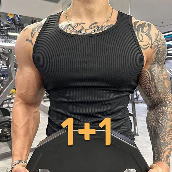 1+1 스키니 골지 여름 나시 티 남성용 슬림 머슬핏 민소매 헬스 피트니스 이너 민소매 티셔츠 빅사이즈 2p
