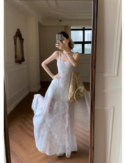 法式清新甜美吊帶連衣裙 夏季海邊度假穿搭, 白色（拉链）