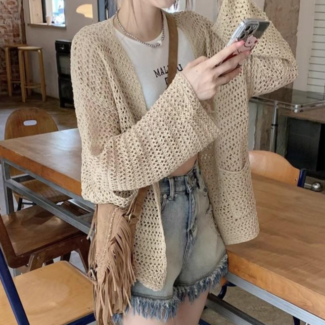 히또리 해변 바캉스 스타일링 그물 루즈핏 오픈 가디건 T3951