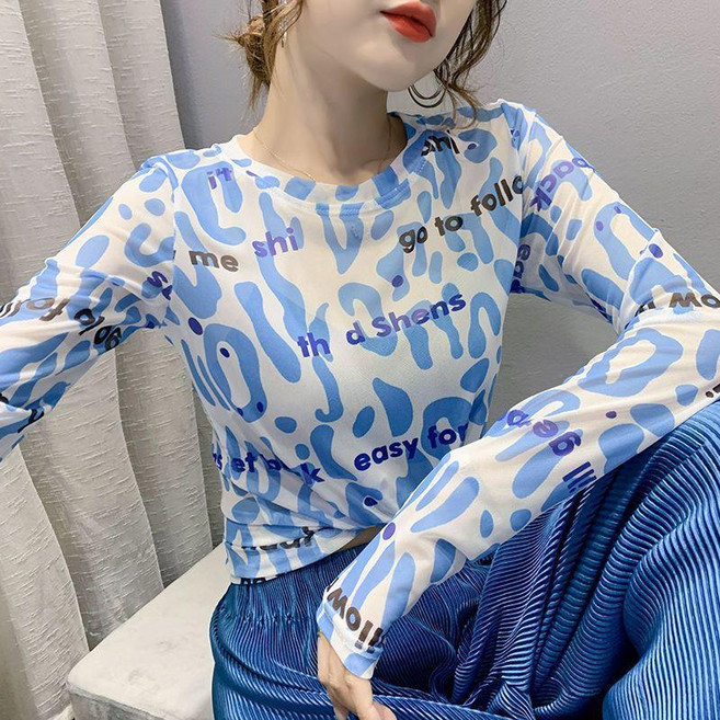 夏季薄款網紗字母印花長袖T恤女 寬鬆洋氣打底上衣