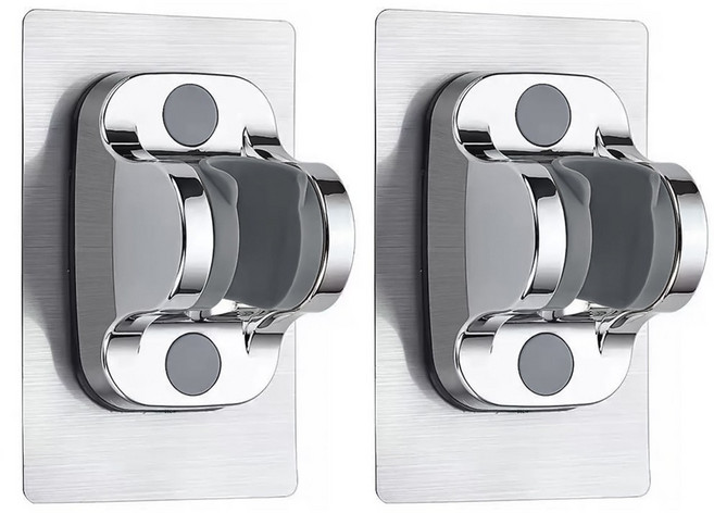 투데이리빙 2개 세트 무타공 접착식 욕실 샤워기 홀더 욕실 호스 부착형 각도조절 거치대 걸이, 실버