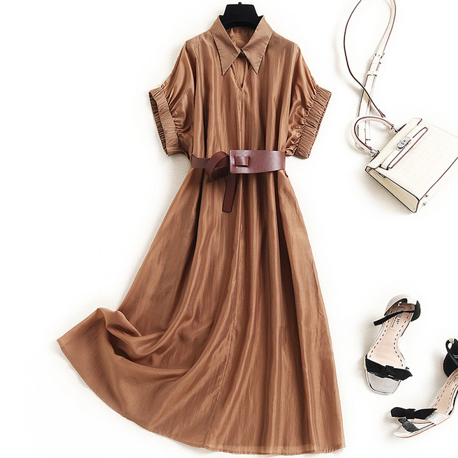 【DF】유럽 하이 엔드 텐셀 드레스 여름 여성 의류 새로운 숨기고 슬리밍 박쥐 슬리브 셔츠 드레스 90216