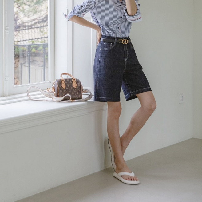 프리미엄 하이웨스트 밴딩 논페이드 생지 청반바지 4부 여름 청반바지