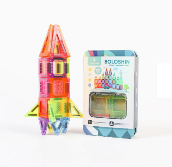 꼬비 미니 자석 블럭 마그네틱 타일 블록 유아 아동 휴대용 외출 여행용 장난감 38pcs 틴케이스, 1개