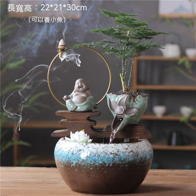 陶瓷流水盆擺件 招財流水盆 倒流香香爐 附植物與可愛擺飾 靜態流水工藝, 托珠