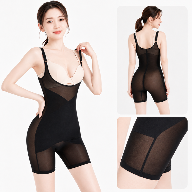 통기성 메쉬 끈 원피스 보디슈트 하이웨이스트 플랫 컷 + 크로스 더블 레이어 복부 압박 가슴 받침 분리형 끈 복부 지방 고정 힙라인 업 맥주배 감싸기