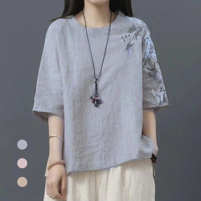 에쥬아 면마 반팔티 라운드넥 꽃자수 티셔츠 빅사이즈 엄마옷 상의