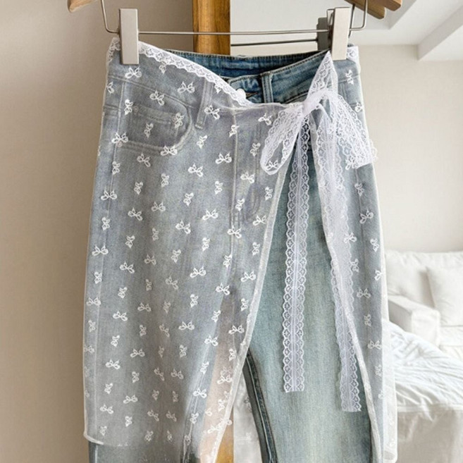 리본 시스루 랩스커트 청바지 바지 망사 레이어드