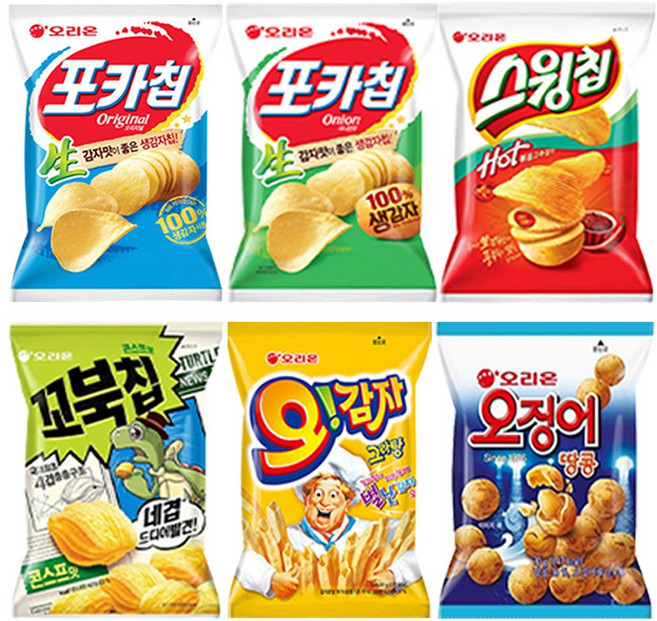 (미니사이즈) 포카칩오리지널+포카칩어니언+스윙칩볶음고추장+오감자그라탕+꼬북칩콘스프+오징어땅콩 2개씩 (총 12개), 12개