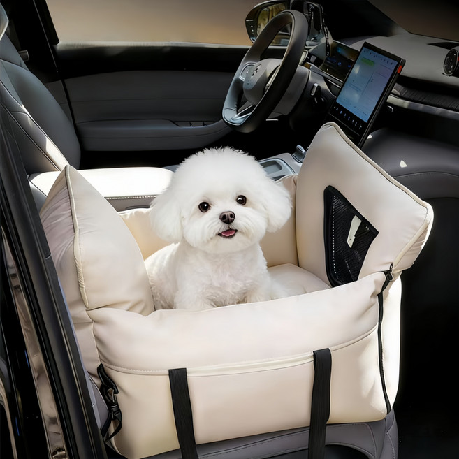 메이썬 강아지 카시트 반려동물 애견 차량용 가죽 이동가방 쿠션형 휴대용, 1개, 베이지