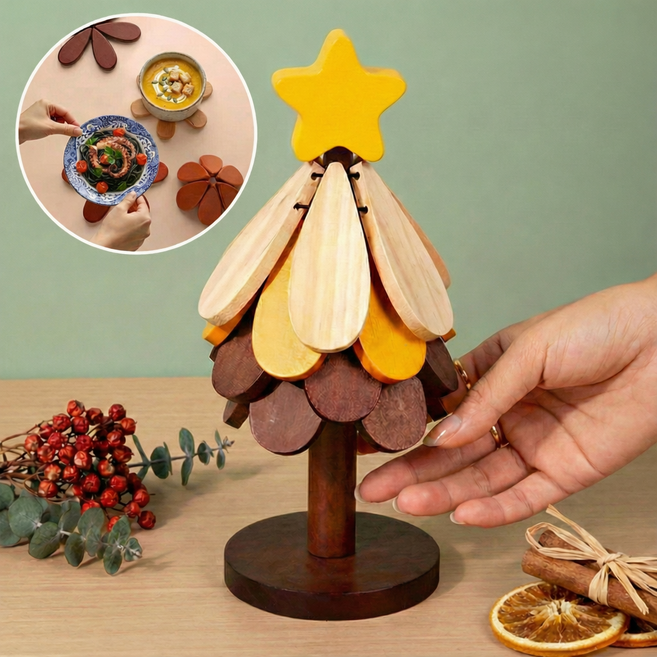 아우리온 장식효과 열차단 4겹 원목 우드 트리 별모양 냄비받침대, 1개, 브라운