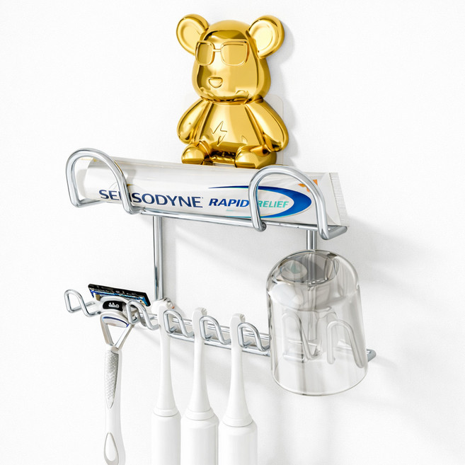 레더스 무타공 스테인리스 수납 곰 칫솔걸이 거치대, 골드, 1개