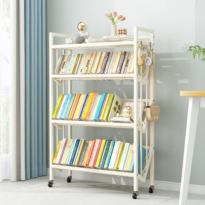 SAGONG 이동식 책꽂이 멀티 책장 신발장 철제 북 트롤리 4단, 크림화이트