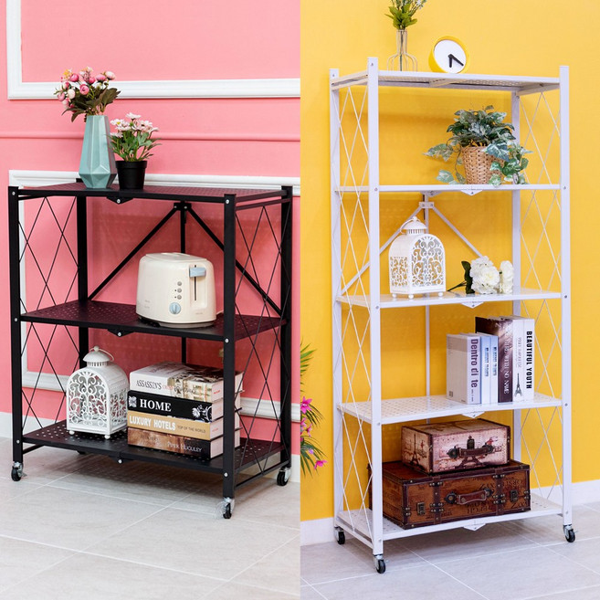 심플 원터치 폴딩선반 다용도 이동식 수납 정리 선반 베란다 철제 정리대, 5단 블랙, 1개, 블랙