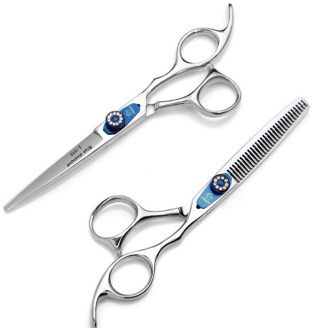 Living100 일본 고급스틸 블루 다이아몬드 미용가위세트 L-012(컷팅가위/틴닝(숱)가위), 1개, 1세트(컷팅+틴닝+파우치)
