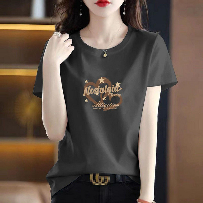 VVRR 여성 라운드넥 패션 프린트 캐주얼 반팔 면 티셔츠 A0041436