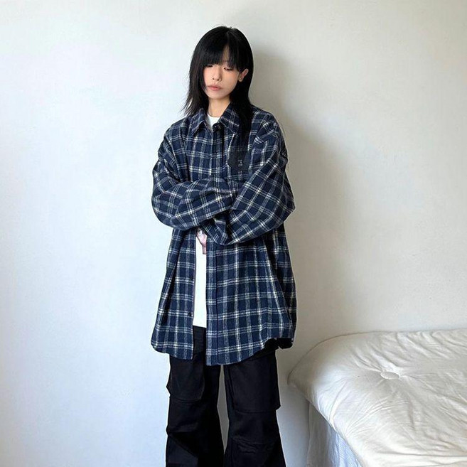 good 寬鬆格子長款襯衫男女設計感小衆情侶款長袖襯衣外套