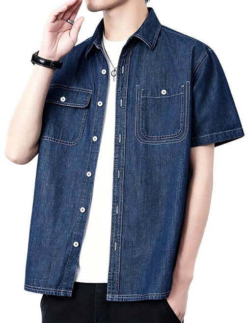 CBHV 남자 순면 청남방 반팔 포켓 남방