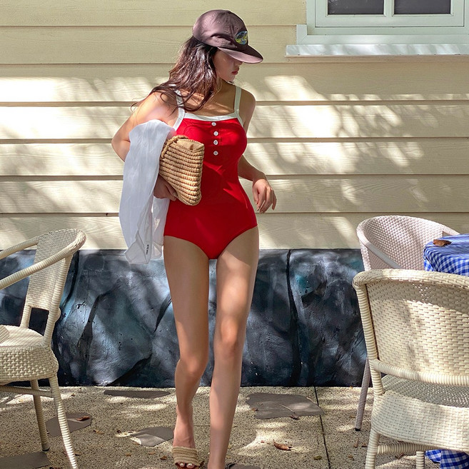 [비치팜]파피 버튼 모노키니 비치웨어 바캉스 배색 수영복, 레드