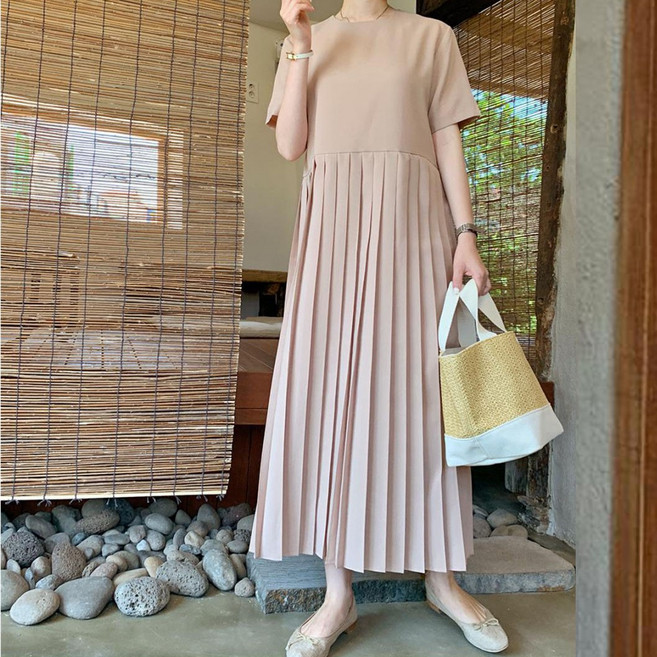 POMTOR 여성 여름 빅사이즈 쉬폰 고급진 무지 반팔 롱 원피스