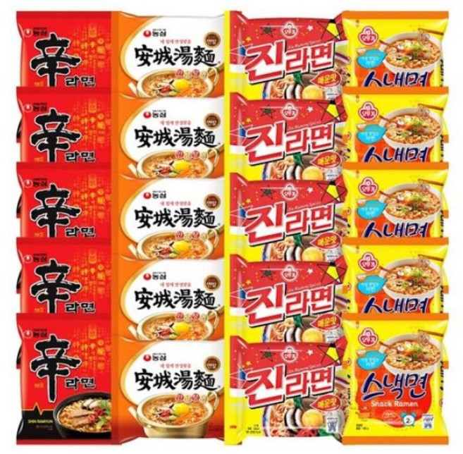 [라면의정석] 봉지 라면 세트 4종 (신라면 5입 + 안성탕면 5입 + 진라면매운맛 5입 +스낵면 5입) 인기라면4종(, 1세트