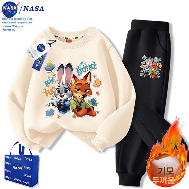 주토피아 맨투맨 티셔츠 주디 추리닝 동물 캐릭터 세트 상하복 기모 바지 겨울, 조합형 베이지+검정 바지