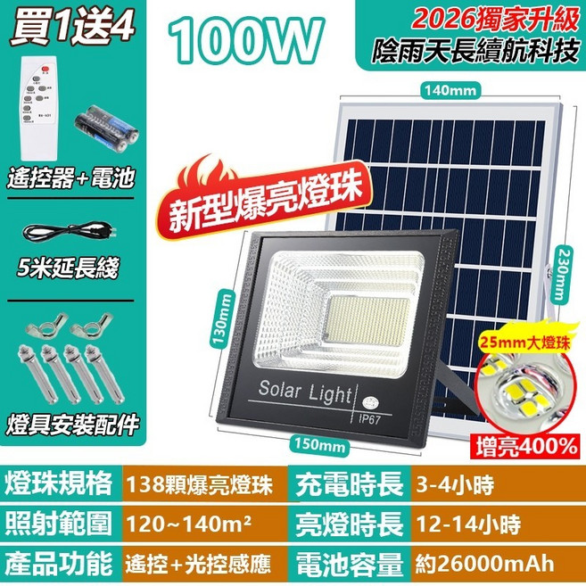 QAIYU 太陽能投射燈 IP67防水 人體感應 戶外庭院照明, 1個, 感應白光燈100W-買1送1