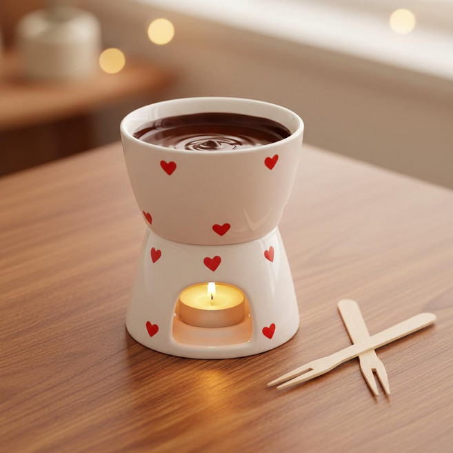 초콜릿 녹이는 미니 퐁듀그릇 초 포크 세트 도자기 워머 홈카페 집들이선물, 화이트-하트, 1개