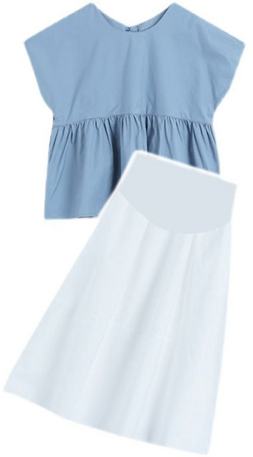 임산부 여름 롱스커트 세트 임부 반팔 라운드넥 블라우스 + 롱치마 캐주얼 임부복 상하의 세트 LCL