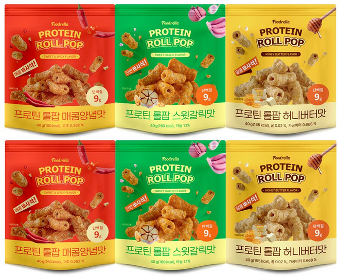 [푸드렐라] 1봉당 단백질 9g 160kcal 프로틴롤팝 3종 6팩 혼합세트(허니버터 스윗갈릭 매콤양념), 6개, 40g