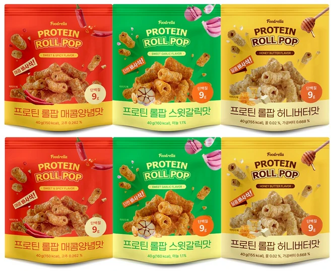 [푸드렐라] 1봉당 단백질 9g 160kcal 프로틴롤팝 3종 6팩 혼합세트(허니버터 스윗갈릭 매콤양념), 6개, 40g - 쿠팡