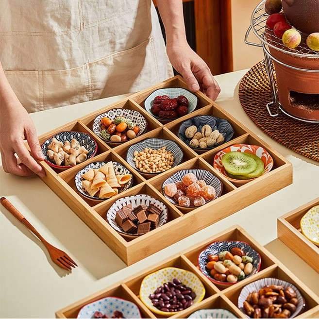 9구 트레이 회접시 일본식 접시 우드 트레이 플래터 격자 나무 접시, 9각형격자+연꽃판(C)스타일, 1개