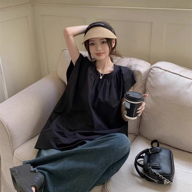 法式氣質中長款開叉黑色小飛袖襯衫女夏季慵懶風上衣, 1個, 黑色XL 110-120斤