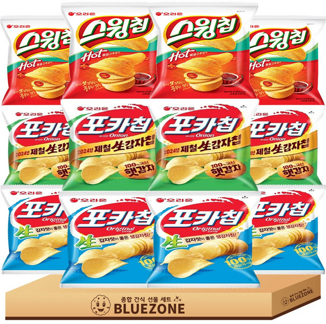 [블루존] 감자소형스낵 세트 포카칩 오리지널4 어니언4 스윙칩 볶음고추장4, 12개, 30g