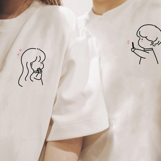 簡筆畫情侶T恤 純棉短袖 台灣製 情侶裝 班服團體服, 卡其衣女娃娃,XL