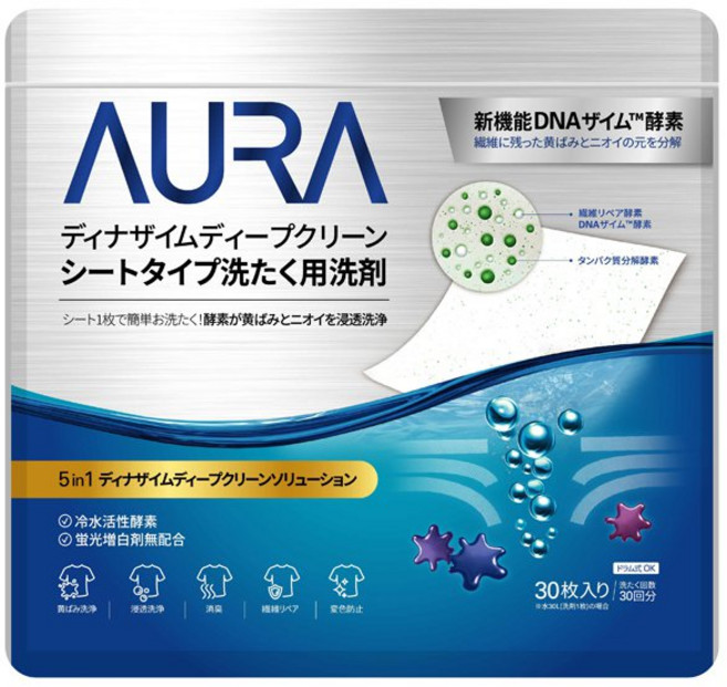 토탈리재팬 AURA 디나자임 딥클린 시트형 세탁세제 30매 141427, 토탈리재팬 AURA 디나자임 딥클린 시트형 세탁세제 3, 1개