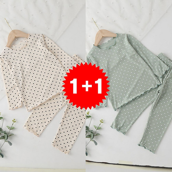 지디오 키즈 긴팔 도트 내복 2개 세트 프릴 라운드티 밴딩 팬츠 아동 간절기 홈웨어 상하복 내의